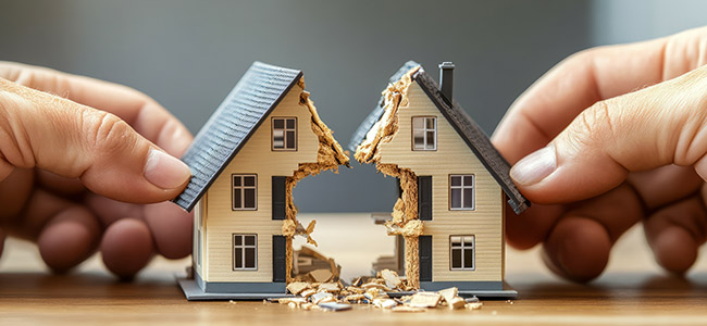 Model house split in two by hands symbolizing divorce and proper